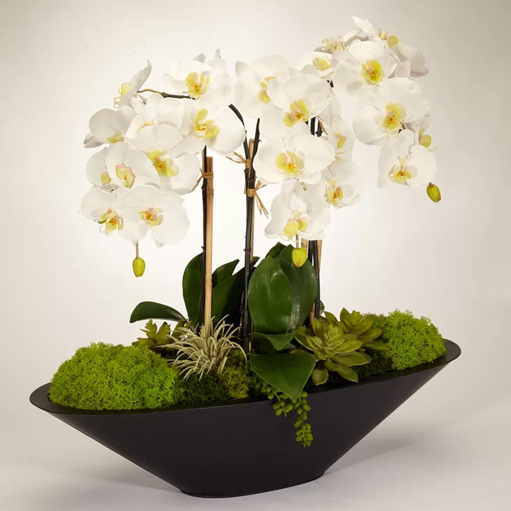 Orchid Floral Arrangement in Metal Pot — view 1